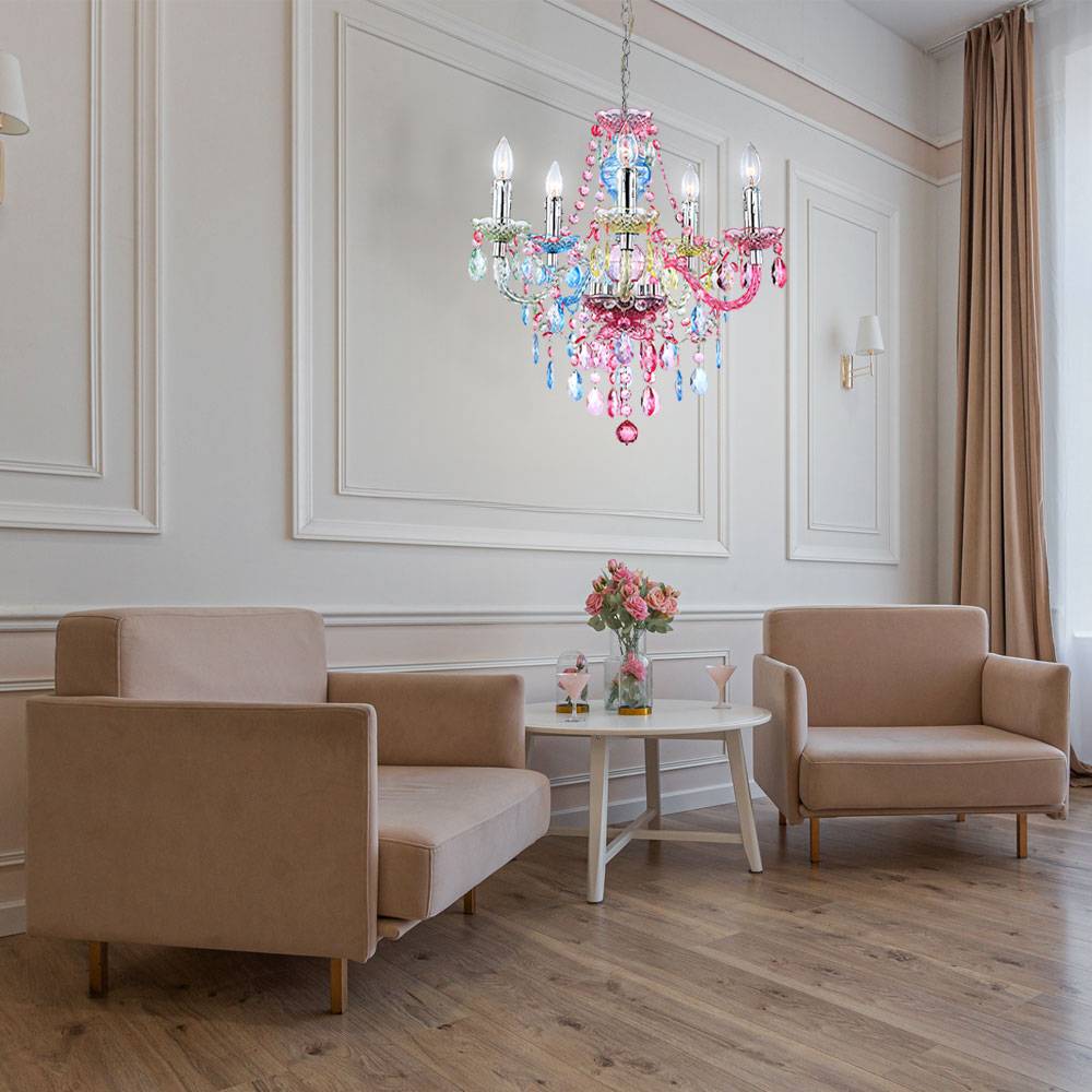 Kronleuchter Lüster Hängeleuchte Kristallleuchte Hängelampe Regenbogenfarbig, Chrom, Acrylkristalle, 5 flammig, 5x E14 Fassungen, DxH: 51x149 cm