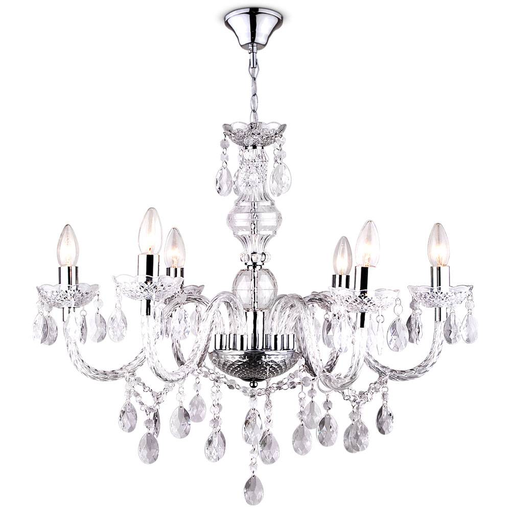 Kronleuchter Kristallbehang Pendelleuchte hängend Esszimmer Hängelampe Lüster, Chrom, 6x E14, DxH 61 x 166 cm