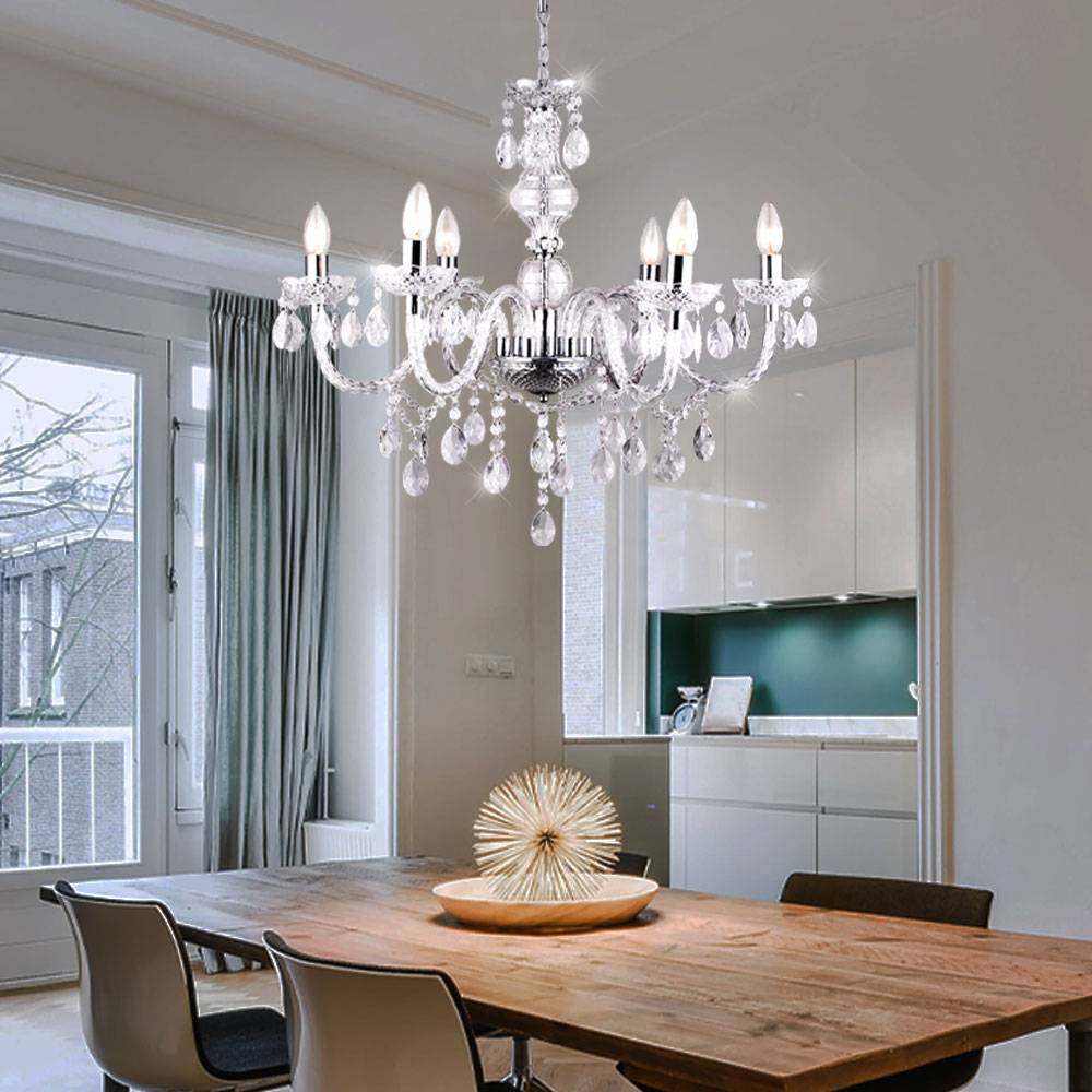 Kronleuchter Kristallbehang Pendelleuchte hängend Esszimmer Hängelampe Lüster, Chrom, 6x E14, DxH 61 x 166 cm