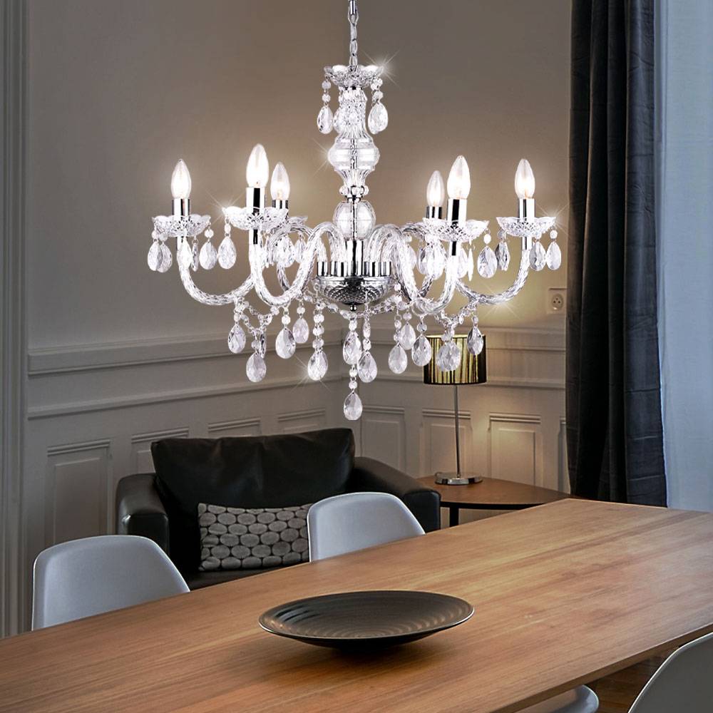 Kronleuchter Kristallbehang Pendelleuchte hängend Esszimmer Hängelampe Lüster, Chrom, 6x E14, DxH 61 x 166 cm