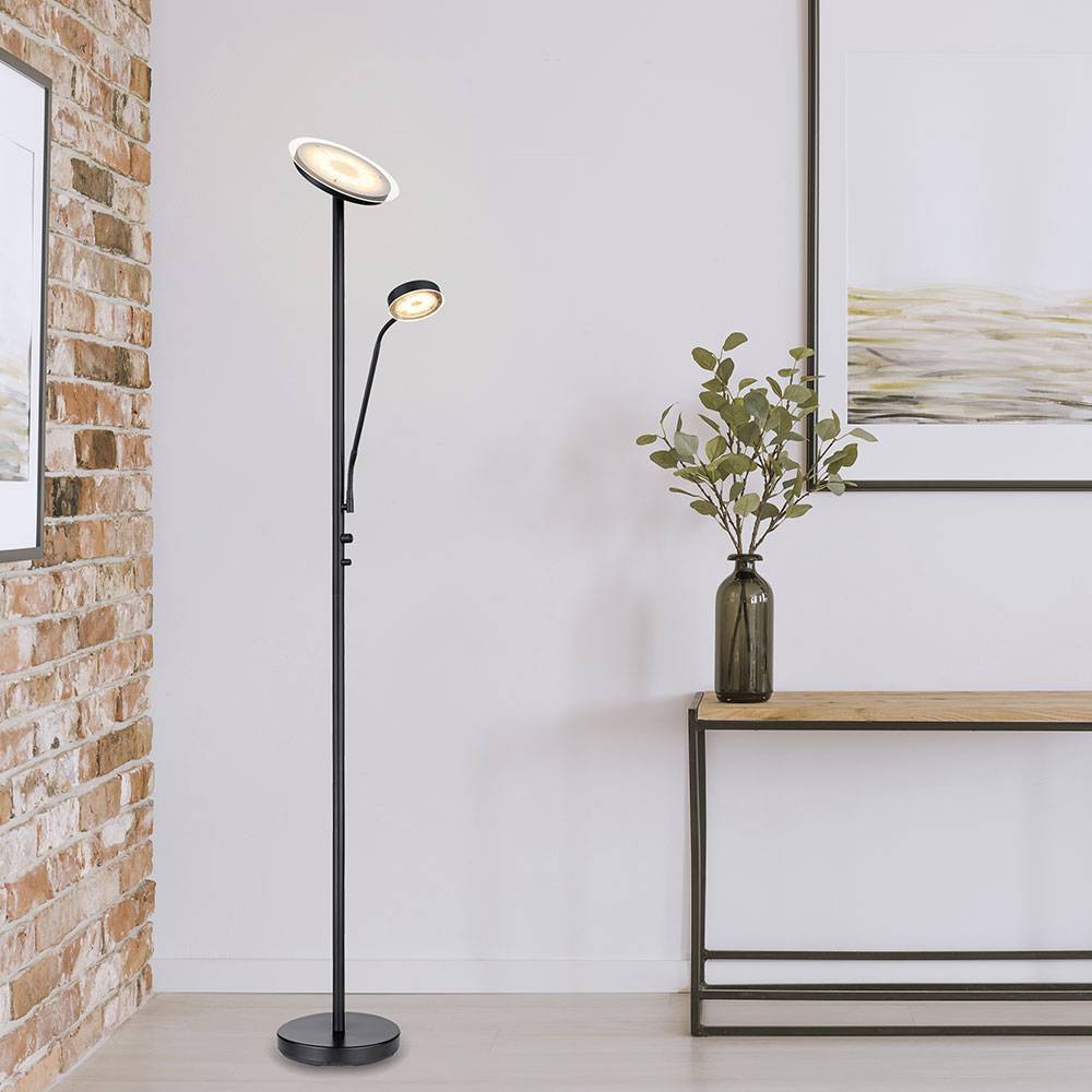 Stehlampe Standleuchte LED Deckenfluter Flexo Wohnzimmer Stehleuchte Dimmer mit Leselicht, Metall schwarz, 1x LED 18W 1410 lm warmweiß, H 180 cm