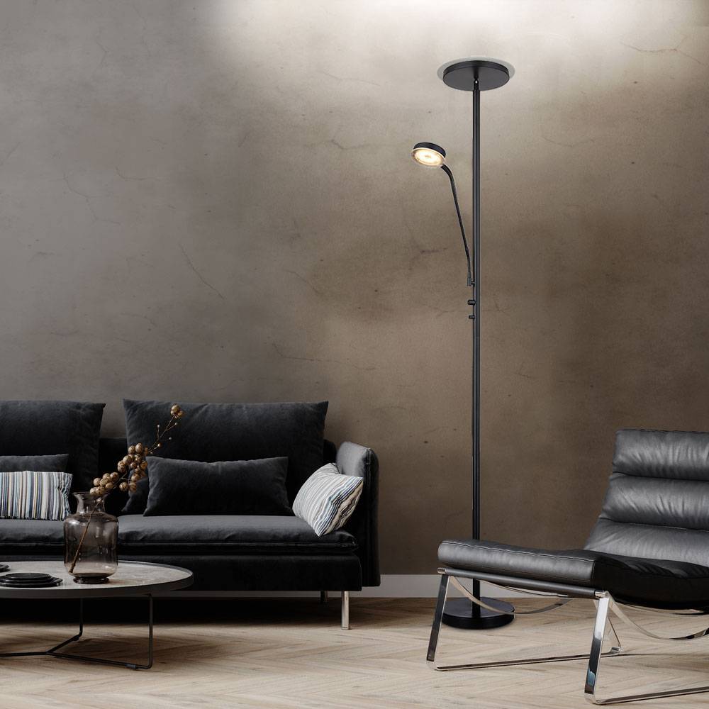 Stehlampe Standleuchte LED Deckenfluter Flexo Wohnzimmer Stehleuchte Dimmer mit Leselicht, Metall schwarz, 1x LED 18W 1410 lm warmweiß, H 180 cm