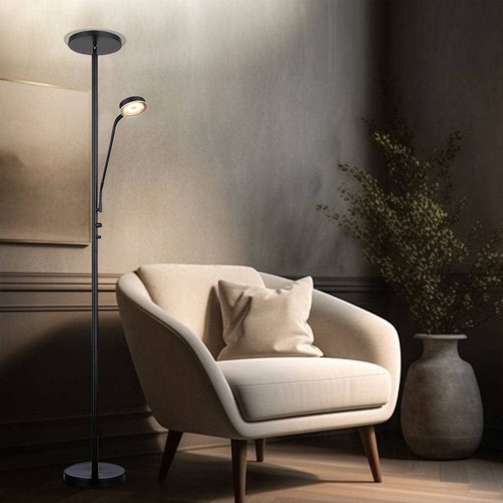 Stehlampe Standleuchte LED Deckenfluter Flexo Wohnzimmer Stehleuchte Dimmer mit Leselicht, Metall schwarz, 1x LED 18W 1410 lm warmweiß, H 180 cm