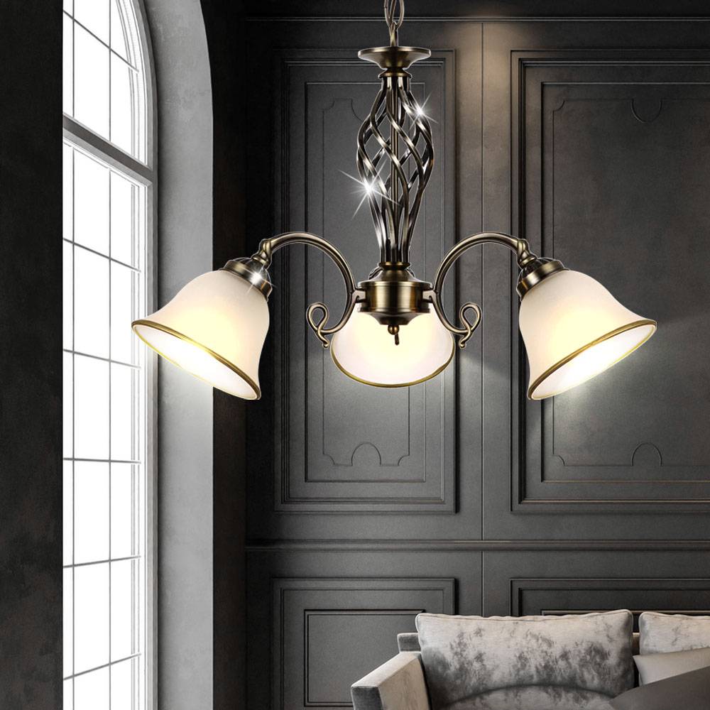 Hängelampe Hängeleuchte Kronleuchter Glasleuchte Esszimmer Lampe Altmessing, Glas, 3 flammig, 3x E27 Fassungen, DxH 60x120 cm