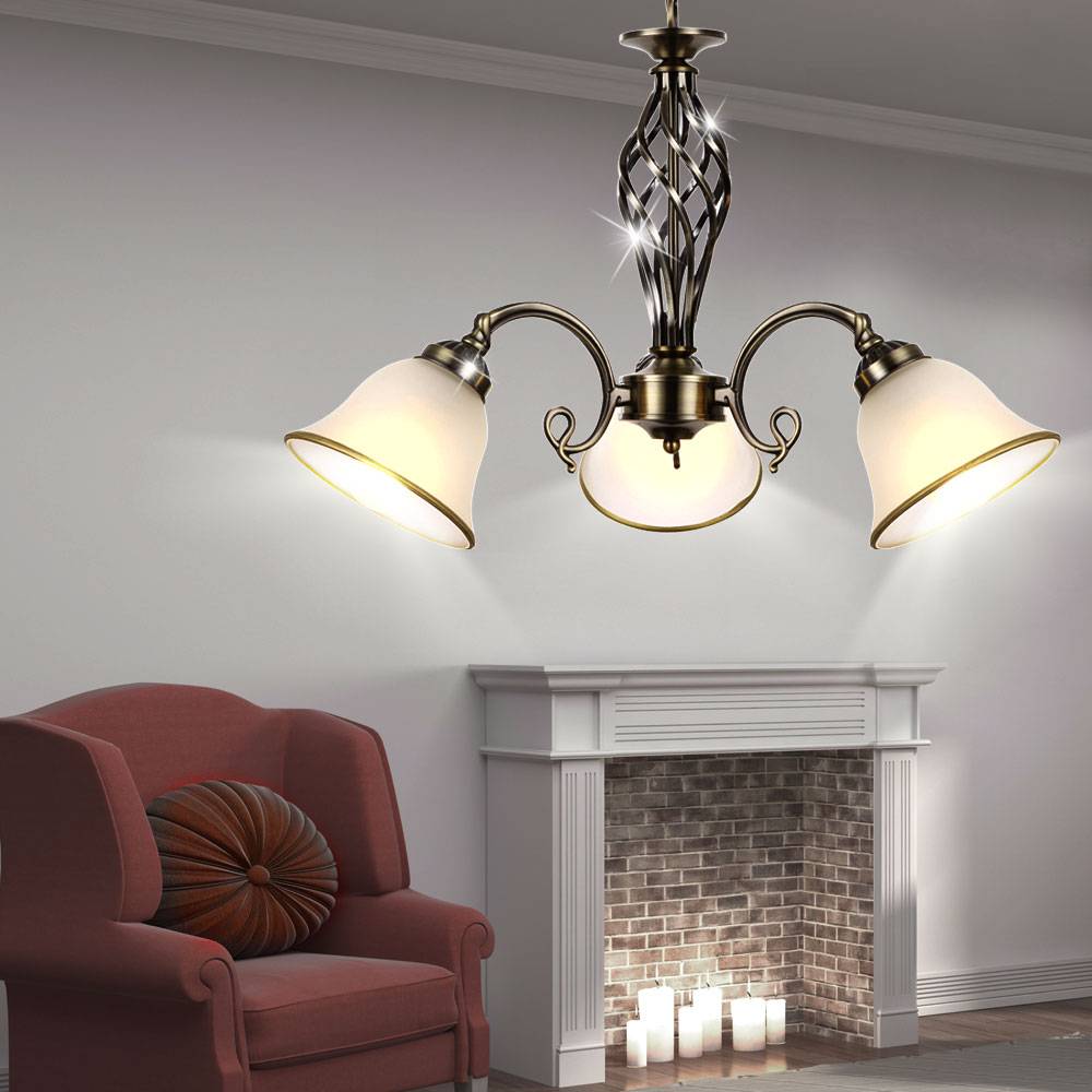 Hängelampe Hängeleuchte Kronleuchter Glasleuchte Esszimmer Lampe Altmessing, Glas, 3 flammig, 3x E27 Fassungen, DxH 60x120 cm