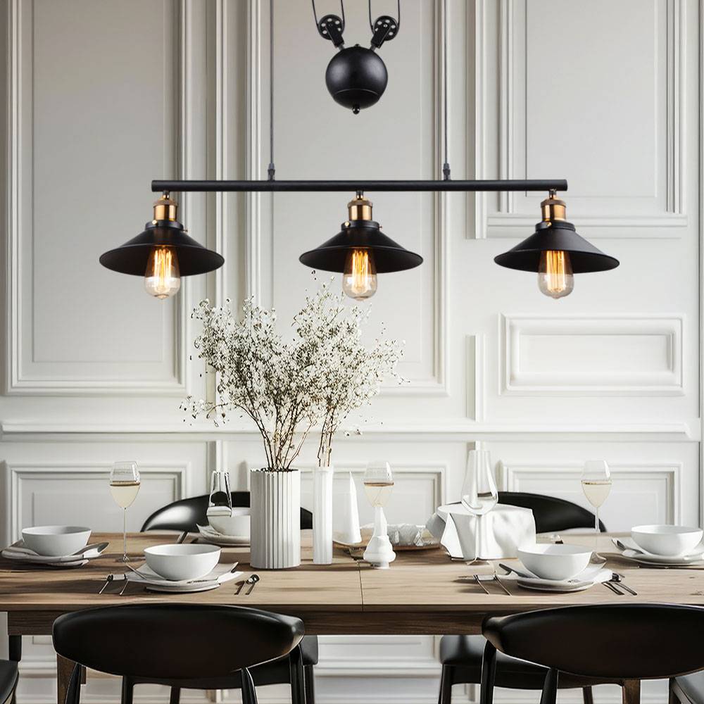 Pendelleuchte Zugpendelleuchte Hängelampe Metall, schwarz, Höhe verstellbar, 4 Rollen, Landhaus Stil 3x E27 Fassungen, LxBxH: 92x8x180 cm