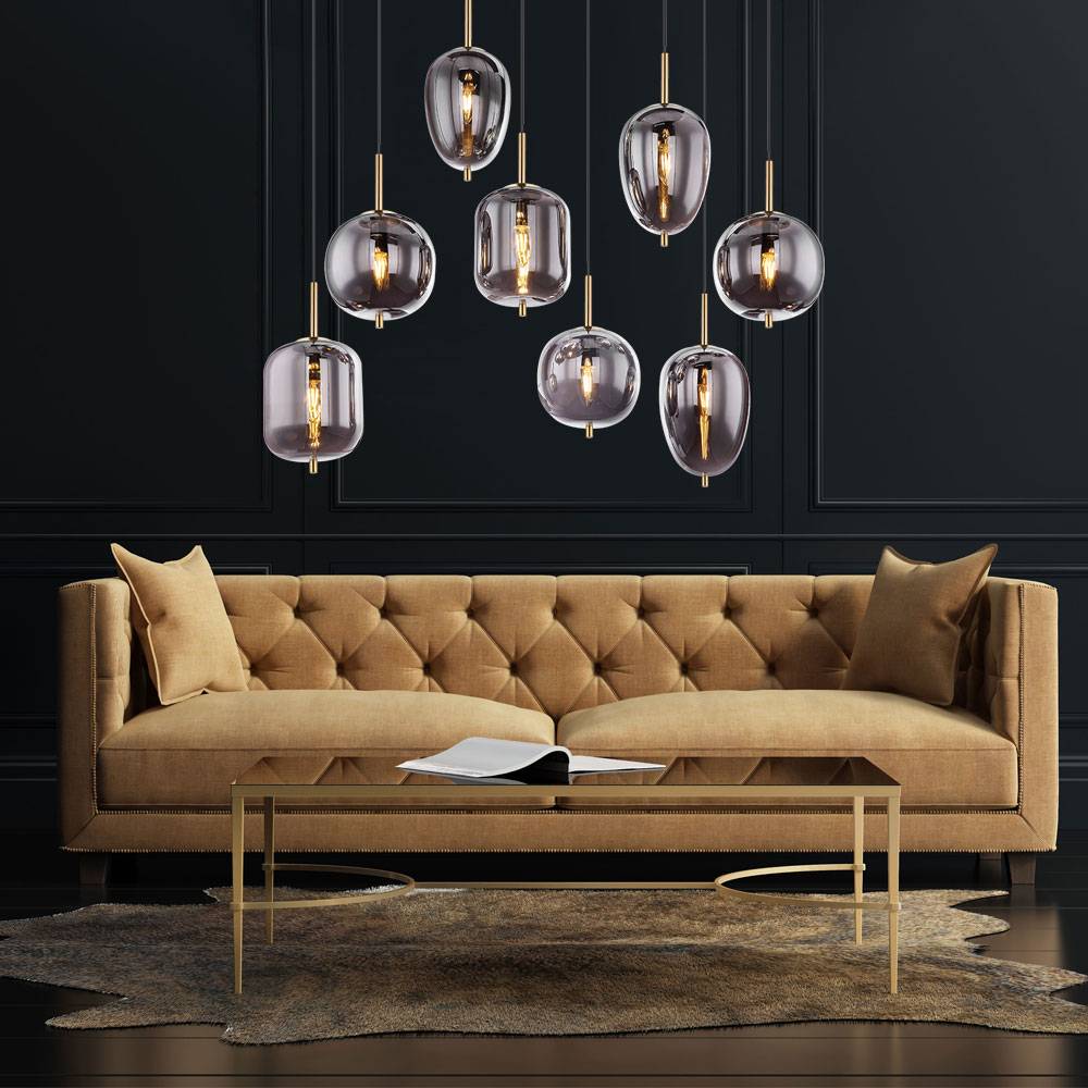 Hängeleuchte Glaslampe Pendellampe Wohnzimmer rauch Deckenleuchte in Messingfarben, Metall matt, 8x E14 Fassungen, LxBxH 102,5x34x120 cm