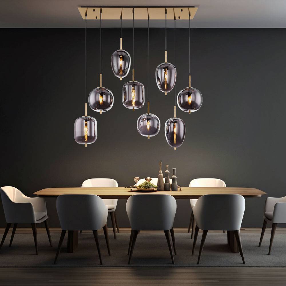 Hängeleuchte Glaslampe Pendellampe Wohnzimmer rauch Deckenleuchte in Messingfarben, Metall matt, 8x E14 Fassungen, LxBxH 102,5x34x120 cm