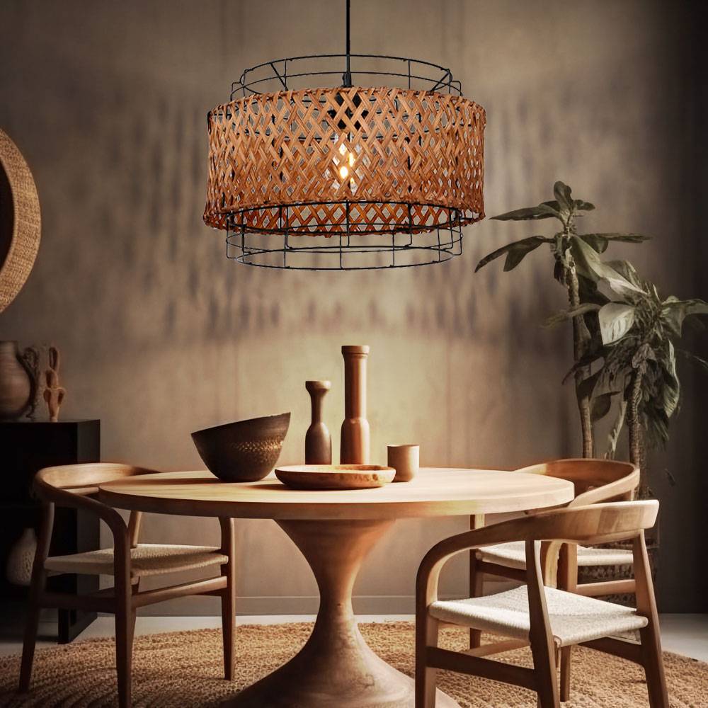 Bambus Lampe hängend Hängelampe Esstisch Deckenlampe Boho Style Pendelleuchte Bambus 1 flammig, Drahtgeflecht Metall, 1x E27, DxH 35x120 cm