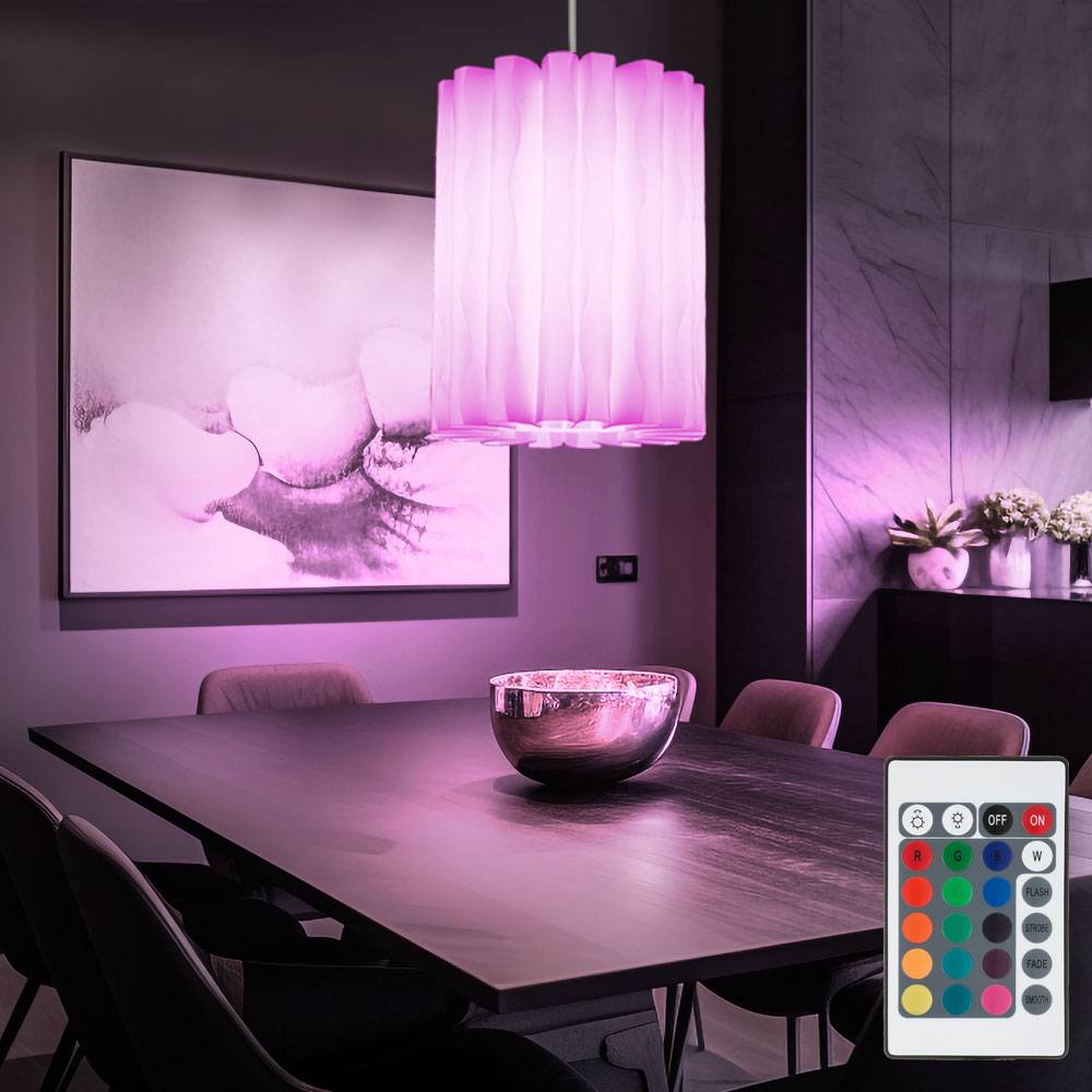 Pendelleuchte Hängelampe Hängeleuchte Deckenpendel Wohnzimmer Beleuchtung, dimmbar Fernbedienung, weiß, gewellter Lampenschirm, 1x RGB LED, DxH: 27