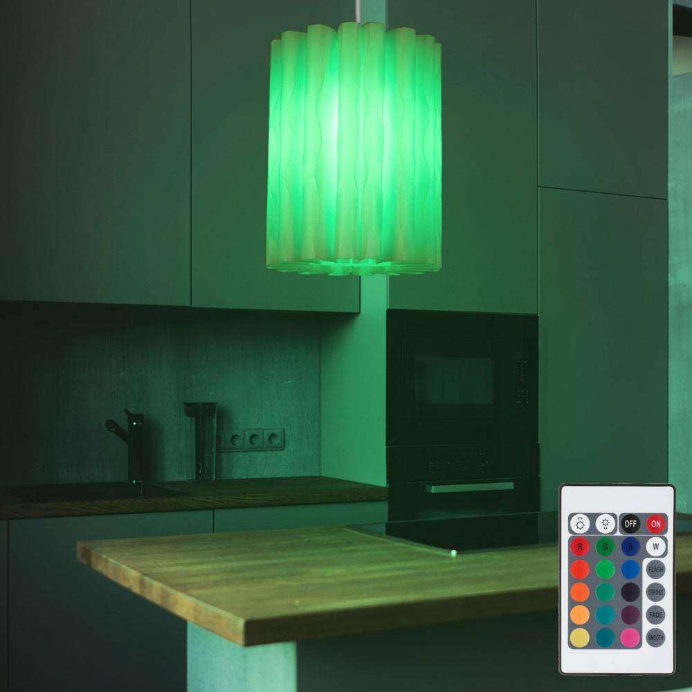Pendelleuchte Hängelampe Hängeleuchte Deckenpendel Wohnzimmer Beleuchtung, dimmbar Fernbedienung, weiß, gewellter Lampenschirm, 1x RGB LED, DxH: 27