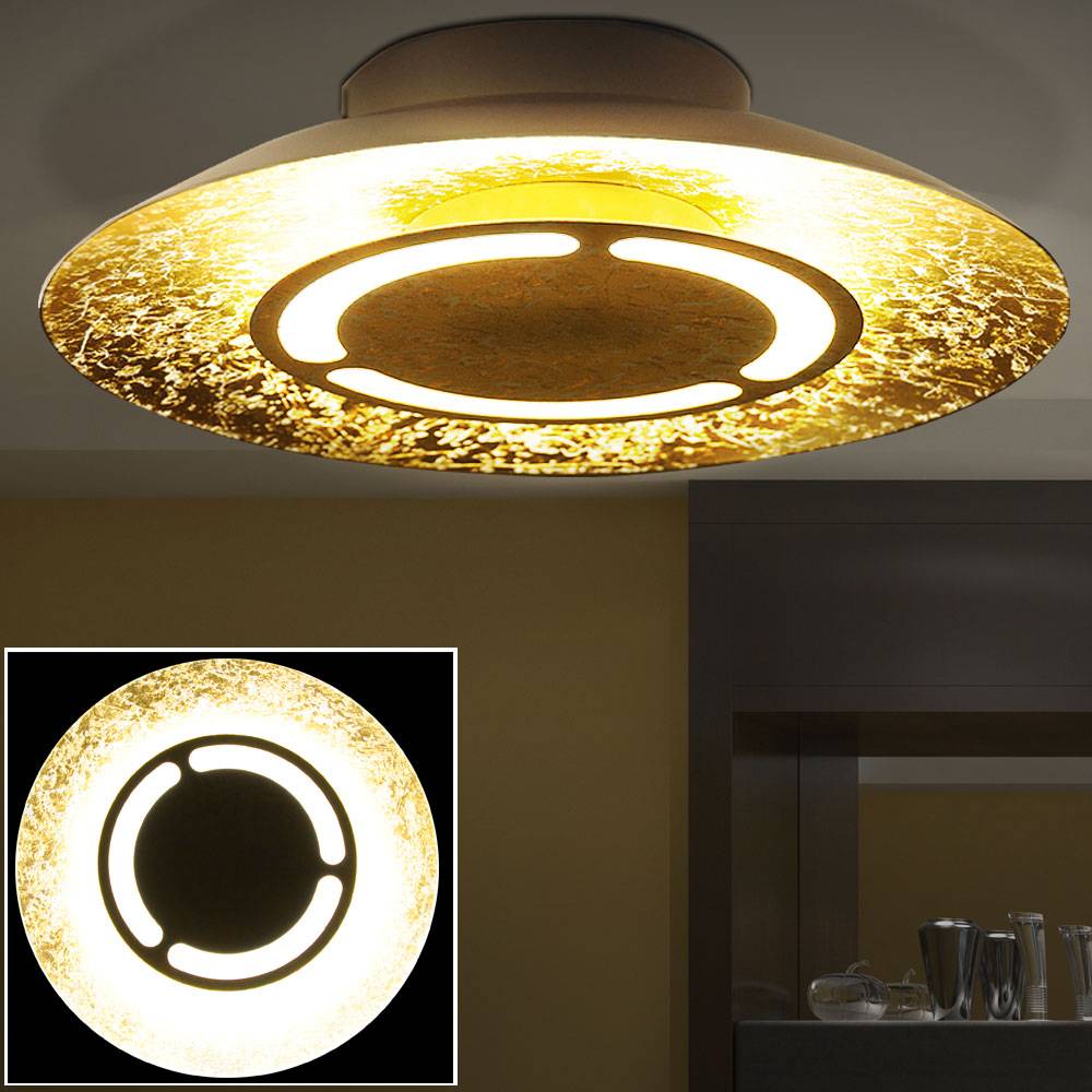LED Deckenleuchte gold Wohnzimmerleuchte Esszimmerlampe, weiß patiniert, 12W 960lm 3000K, DxH 34,5 x 7,3 cm