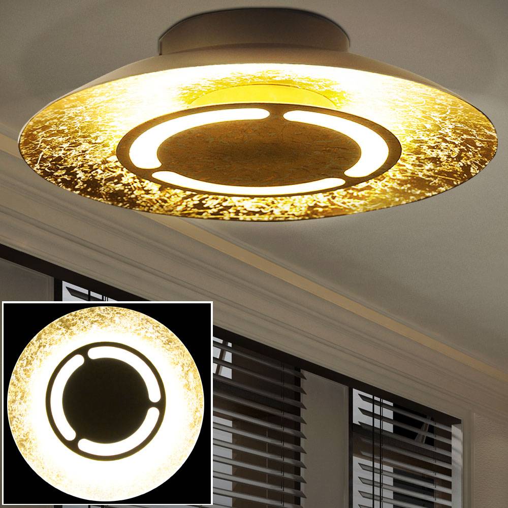 LED Deckenleuchte gold Wohnzimmerleuchte Esszimmerlampe, weiß patiniert, 12W 960lm 3000K, DxH 34,5 x 7,3 cm
