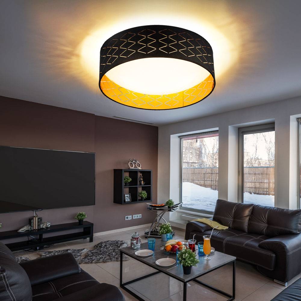 LED Deckenleuchte Deckenlampe Wohnzimmerleuchte, Sterneneffekt, Textil schwarz gold, 18W 1000lm 3000K, DxH 40x12cm