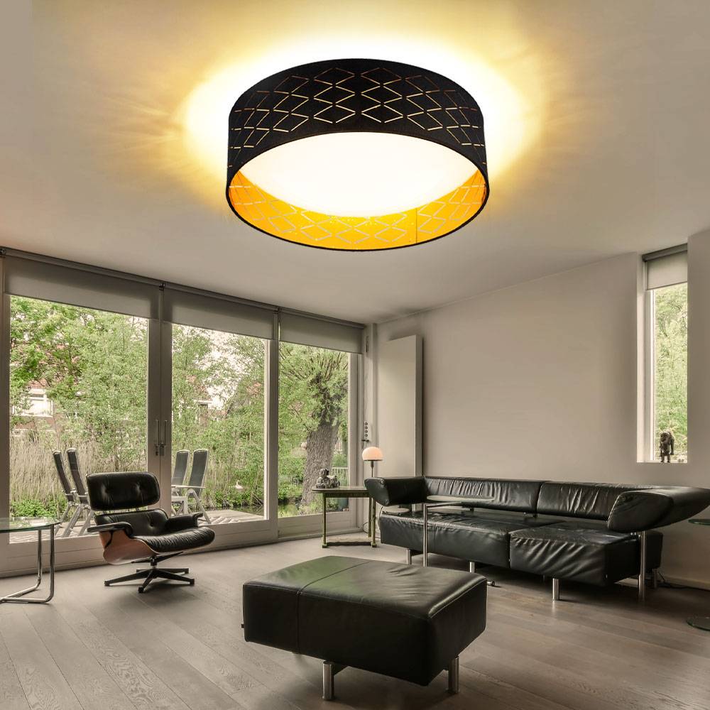 LED Deckenleuchte Deckenlampe Wohnzimmerleuchte, Sterneneffekt, Textil schwarz gold, 18W 1000lm 3000K, DxH 40x12cm