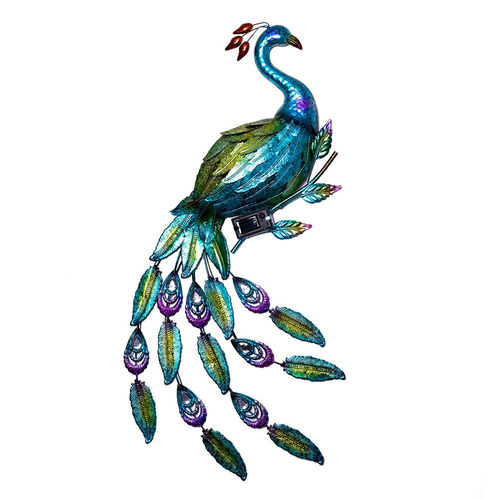Wandleuchte Außenwandleuchte Solarleuchte Garten Beleuchtung, Pfau Motiv, Dämmerungssensor, Eisen, blau, grün, rot, LED, HxBxT 92x63x6 cm