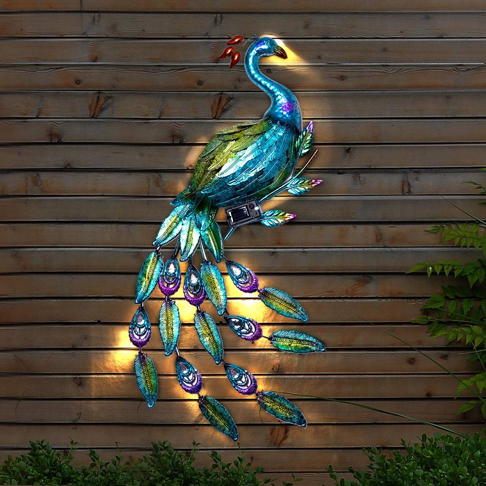 Wandleuchte Außenwandleuchte Solarleuchte Garten Beleuchtung, Pfau Motiv, Dämmerungssensor, Eisen, blau, grün, rot, LED, HxBxT 92x63x6 cm