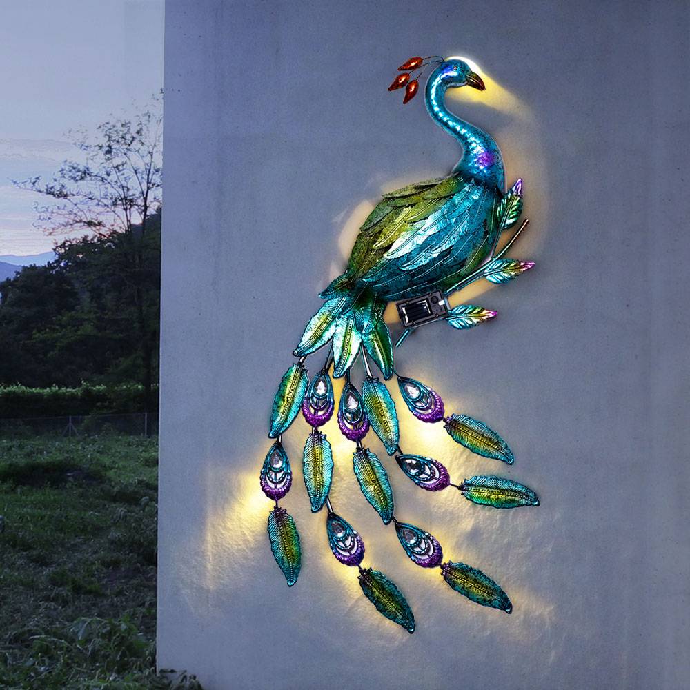 Wandleuchte Außenwandleuchte Solarleuchte Garten Beleuchtung, Pfau Motiv, Dämmerungssensor, Eisen, blau, grün, rot, LED, HxBxT 92x63x6 cm