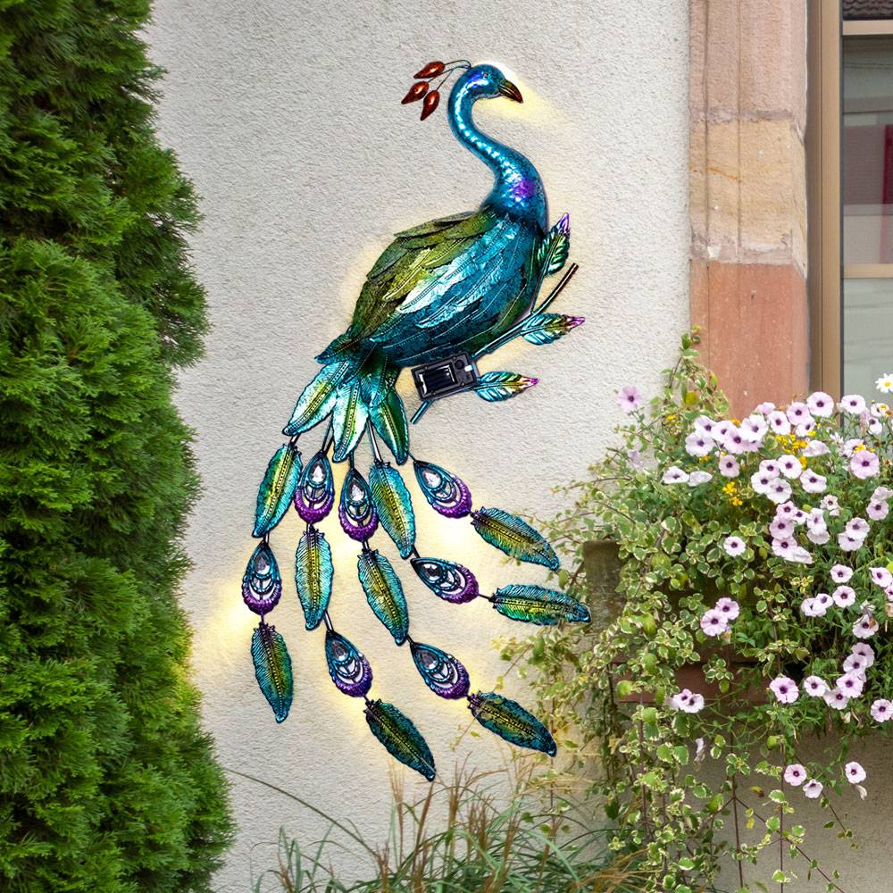 Wandleuchte Außenwandleuchte Solarleuchte Garten Beleuchtung, Pfau Motiv, Dämmerungssensor, Eisen, blau, grün, rot, LED, HxBxT 92x63x6 cm