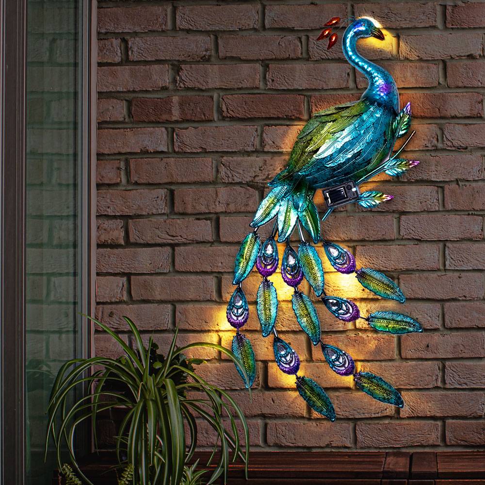 Wandleuchte Außenwandleuchte Solarleuchte Garten Beleuchtung, Pfau Motiv, Dämmerungssensor, Eisen, blau, grün, rot, LED, HxBxT 92x63x6 cm