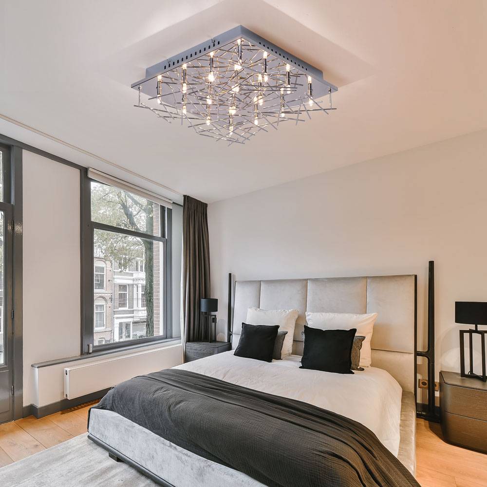 Deckenleuchte Wohnzimmerlampe Deckenlampe Stäbe Designlampe chrom, Metall, Fassungen 16x G4, LxB 37x37