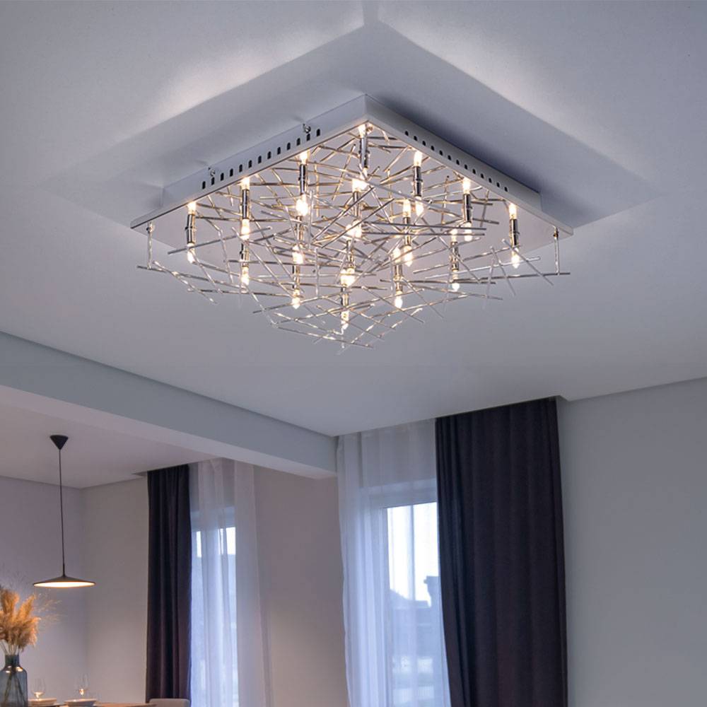 Deckenleuchte Wohnzimmerlampe Deckenlampe Stäbe Designlampe chrom, Metall, Fassungen 16x G4, LxB 37x37