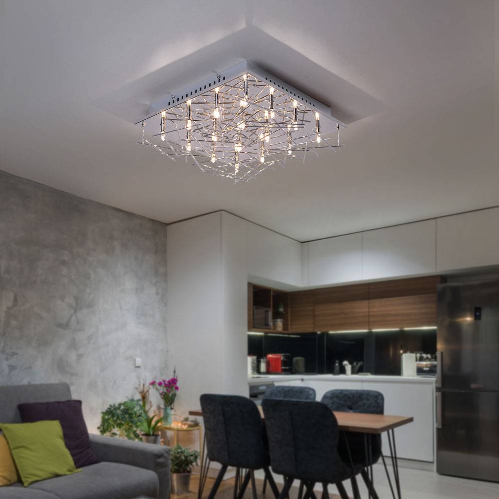 Deckenleuchte Wohnzimmerlampe Deckenlampe Stäbe Designlampe chrom, Metall, Fassungen 16x G4, LxB 37x37