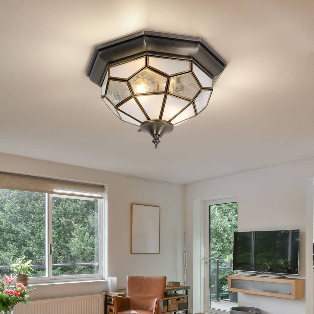 Deckenleuchte Deckenlampe Wohnzimmerlampe Innenleuchte Antik bronze, Metall, Glas, Stahl, Messing, 2x E14, HxB 18x29 cm