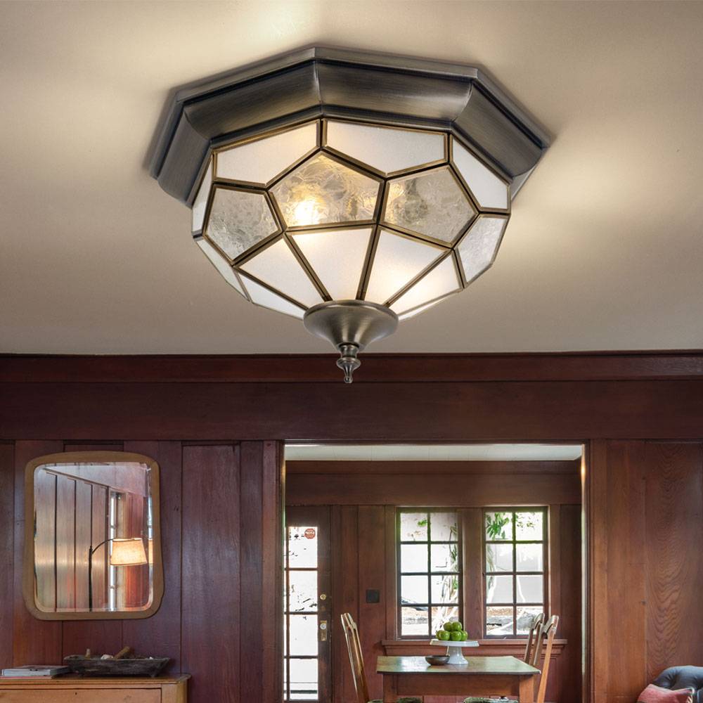 Deckenleuchte Deckenlampe Wohnzimmerlampe Innenleuchte Antik bronze, Metall, Glas, Stahl, Messing, 2x E14, HxB 18x29 cm