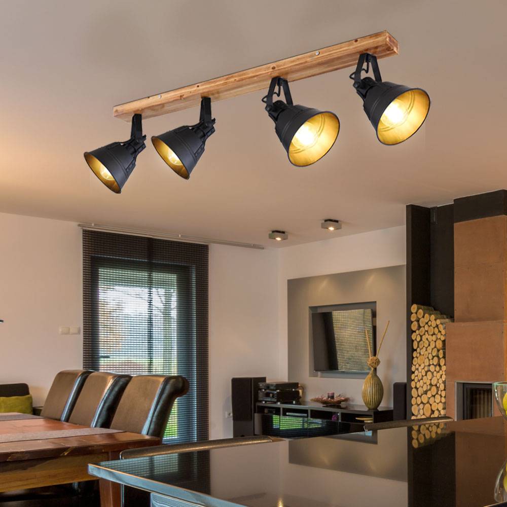 Deckenleuchte Spotstrahler Deckenlampe Innenleuchte Metall Wohnzimmer Holz Spots verstellbar, schwarz-braun, 4x E27, LxB 82x24 cm