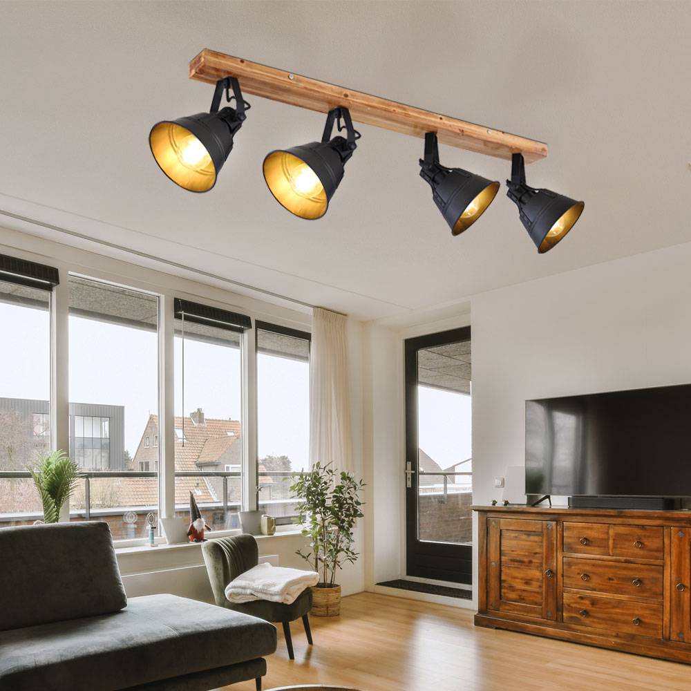 Deckenleuchte Spotstrahler Deckenlampe Innenleuchte Metall Wohnzimmer Holz Spots verstellbar, schwarz-braun, 4x E27, LxB 82x24 cm