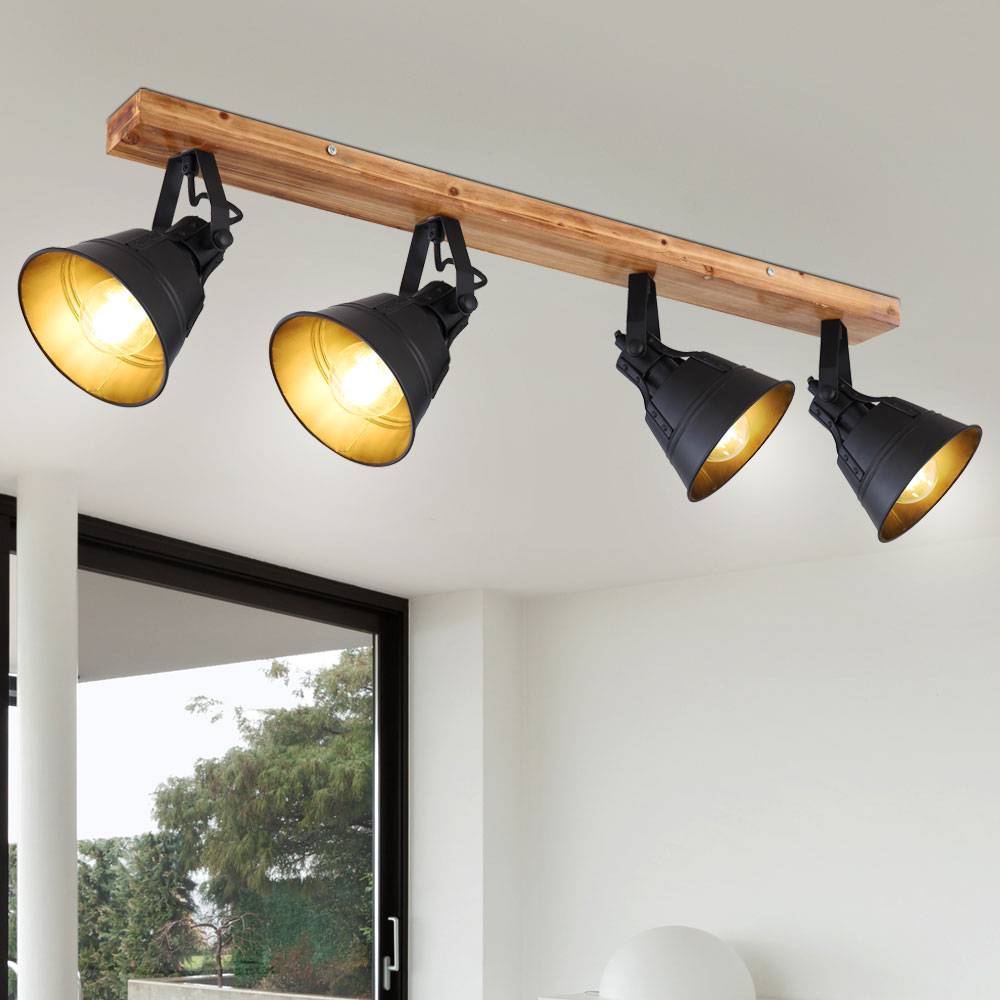 Deckenleuchte Spotstrahler Deckenlampe Innenleuchte Metall Wohnzimmer Holz Spots verstellbar, schwarz-braun, 4x E27, LxB 82x24 cm
