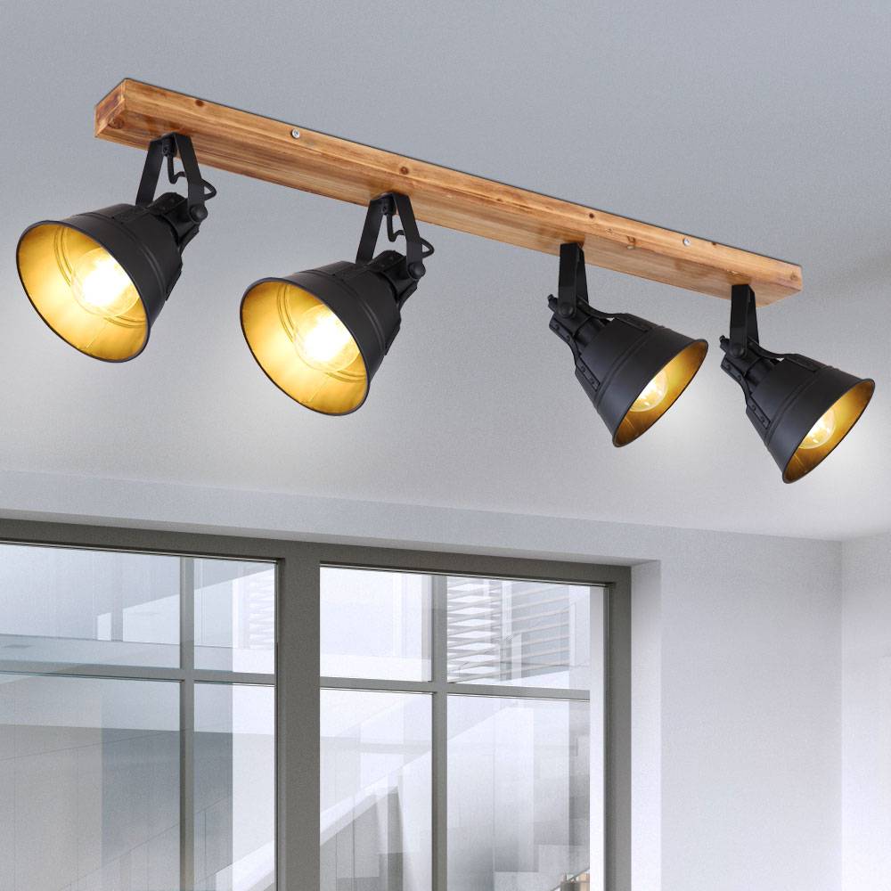 Deckenleuchte Spotstrahler Deckenlampe Innenleuchte Metall Wohnzimmer Holz Spots verstellbar, schwarz-braun, 4x E27, LxB 82x24 cm