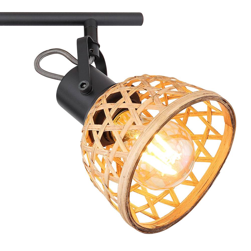 Deckenleuchte Deckenstrahler Esszimmer Bambusgeflecht Deckenlampen aus Holz mit verstellbaren Spots, Metall schwarz, 4x E27 Fassung, LxBxT 80x13x19