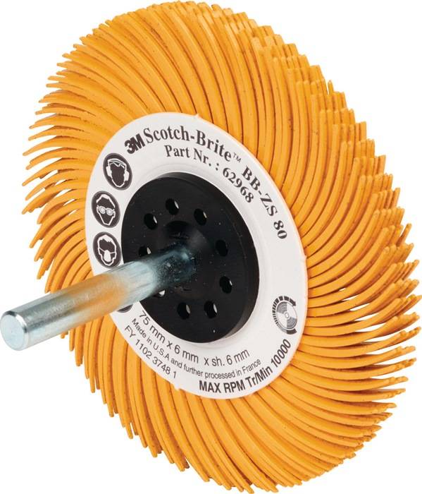 3M Scotch-Brite BB-ZS Reinigungsbürste, 75 mm Durchmesser, 6 mm Schaft, max. 10.000 U/min; zum Reinigen und Vorbereiten von Oberflächen in industriellen Anwendungen.