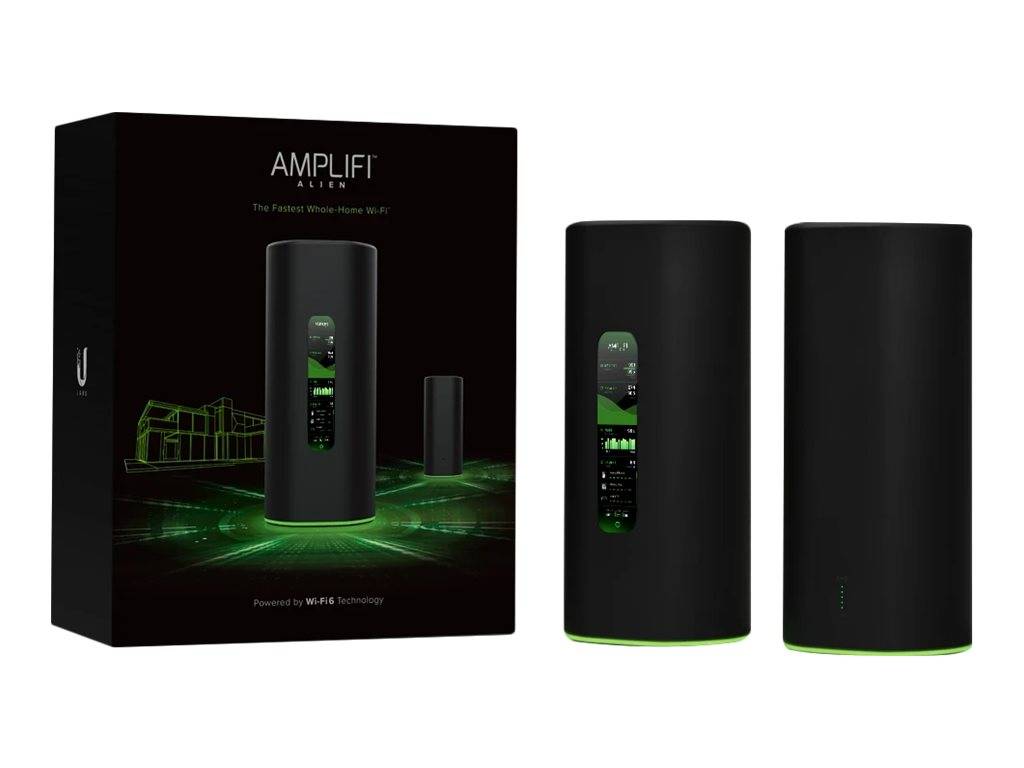 Schachtel und zwei schwarze zylindrische WLAN-Router auf weißem Hintergrund, mit der Marke „AMPLIFI ALIEN