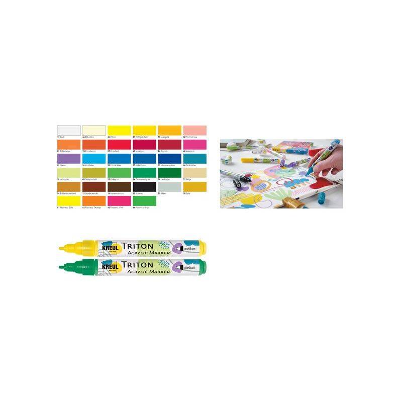 Mustermusterfarbpalette mit verschiedenen Acrylmarkerfarben, eine Handmalerei auf Papier und zwei Triton-Medium-Acrylmarker sind unten dargestellt.