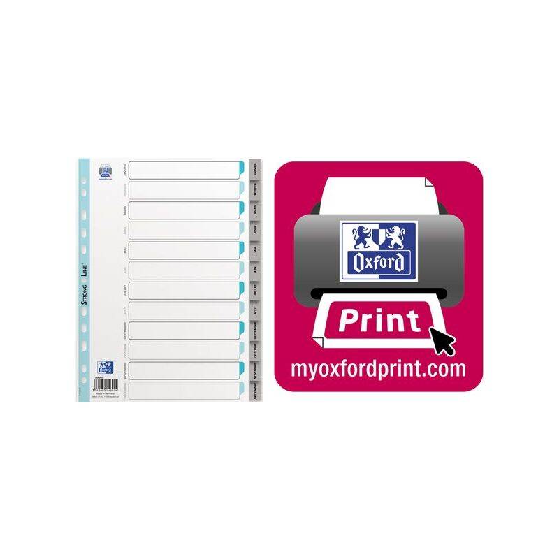 Ein Blatt mit Registerteiler und Registerkarten von 1 bis 12 liegt neben einem quadratischen rosa Logo mit der Aufschrift 'Oxford Print' und einem Websitelink.