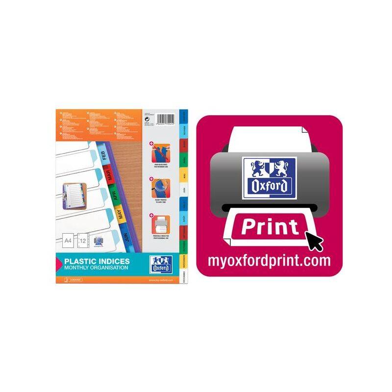 Monatliche Organisation' Kunststoffindizes in verschiedenen Farben neben einem 'Druck'-Logo mit dem Oxford-Branding und der Website 'myoxfordprint.com'.
