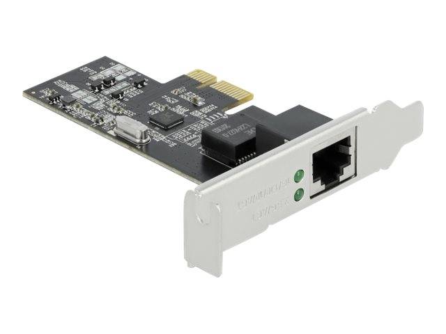 Eine PCI-Netzwerkadapterkarte mit einem einzelnen Ethernet-Anschluss und zwei Status-LEDs auf einer Metallhalterung.