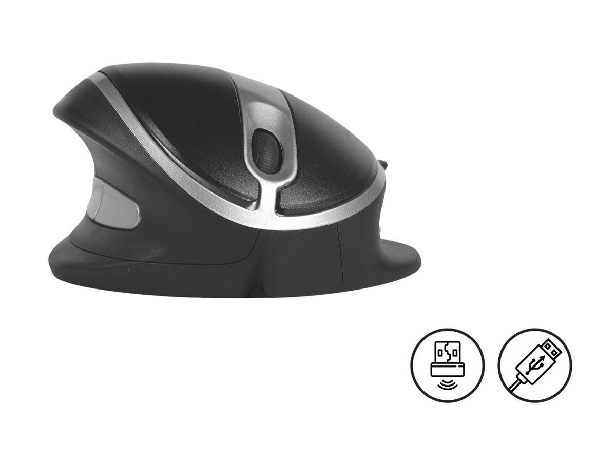 Schwarze ergonomische vertikale Computermaus in Seitenansicht, mit zwei kleinen Symbolen, die den kabellosen Empfänger und das USB-Ladekabel anzeigen.
