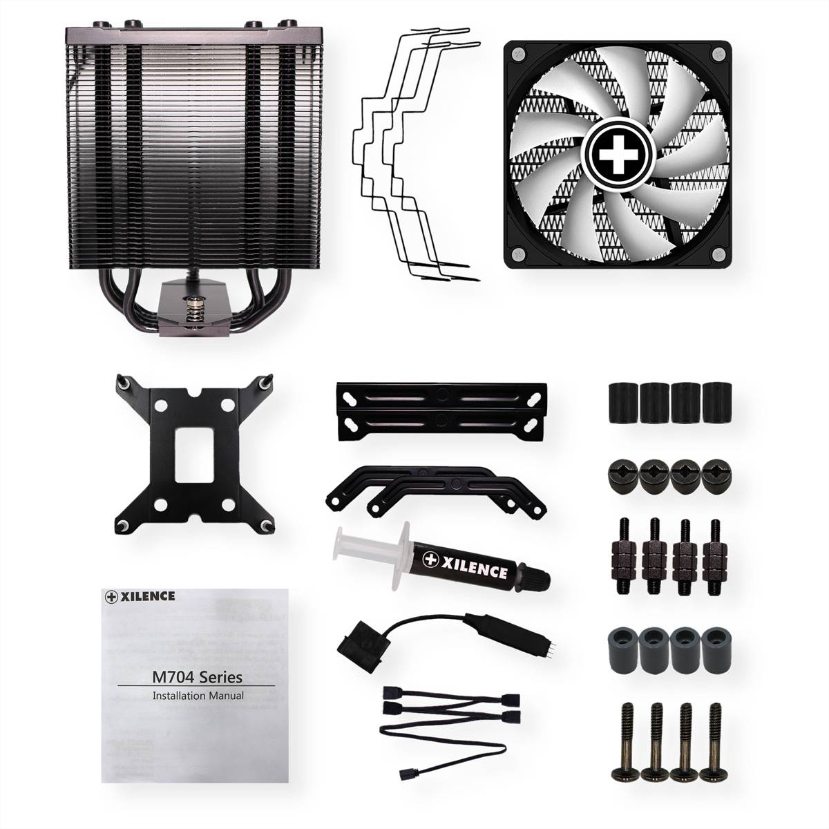 Computerkühlung-Set mit Radiator, Lüfter, Montageklammern, Schrauben, Wärmepaste, Kabelbinder und Installationsanleitung auf weißem Hintergrund.