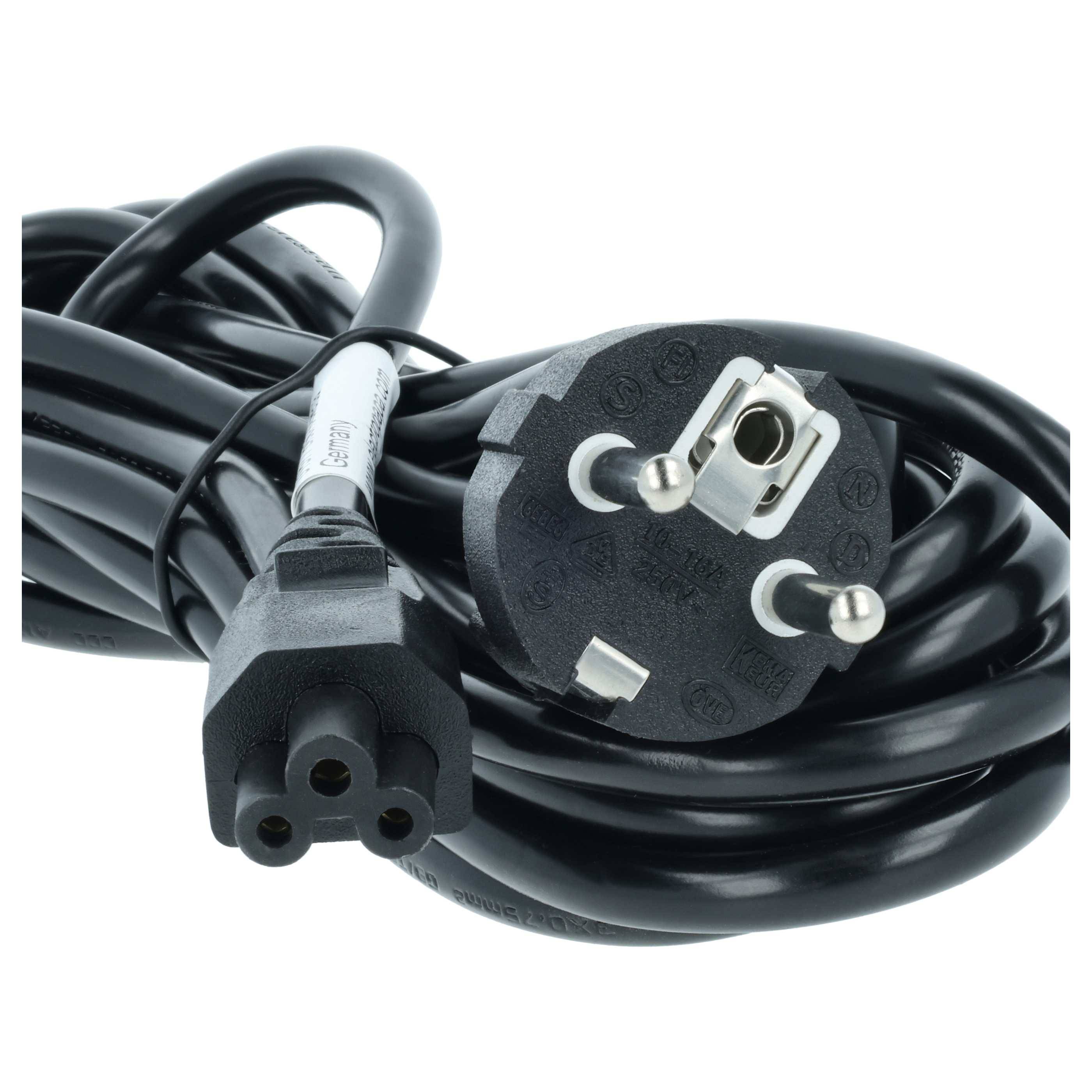 Aufgerolltes schwarzes Stromkabel mit europäischem Stecker und dreilöchigem Geräteverbinder auf weißem Hintergrund.