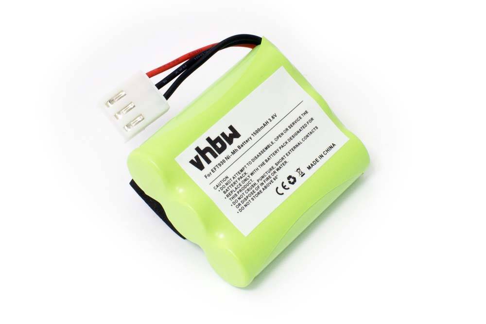 Eine grüne, rechteckige wiederaufladbare Batterie mit schwarzen und roten Drähten, mit dem Etikett „vhbw