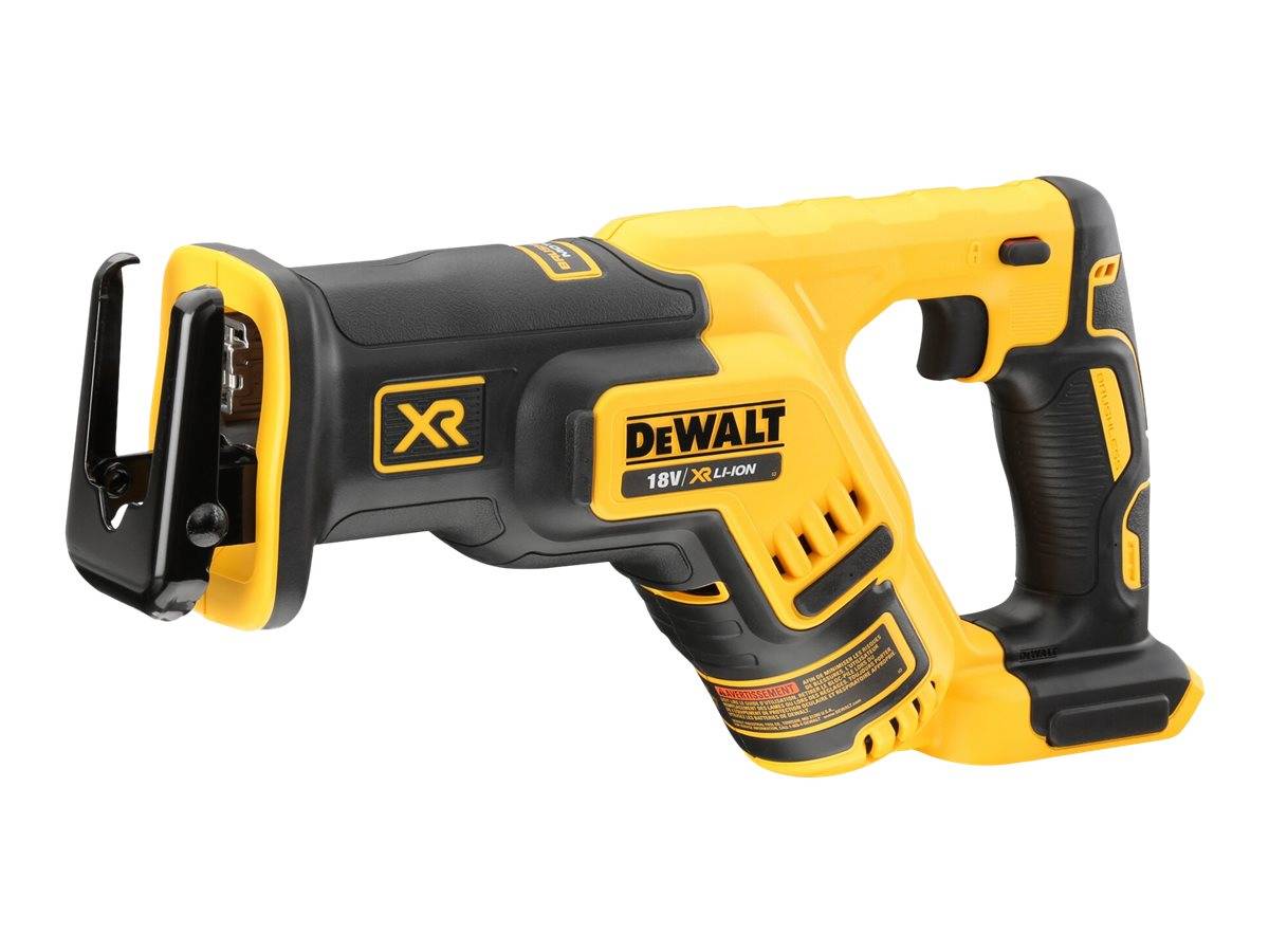 Gelb-schwarze DeWalt XR 18V kabellose Reciprosäge mit vorderer Klinge und hinterer Griffposition vor weißem Hintergrund.