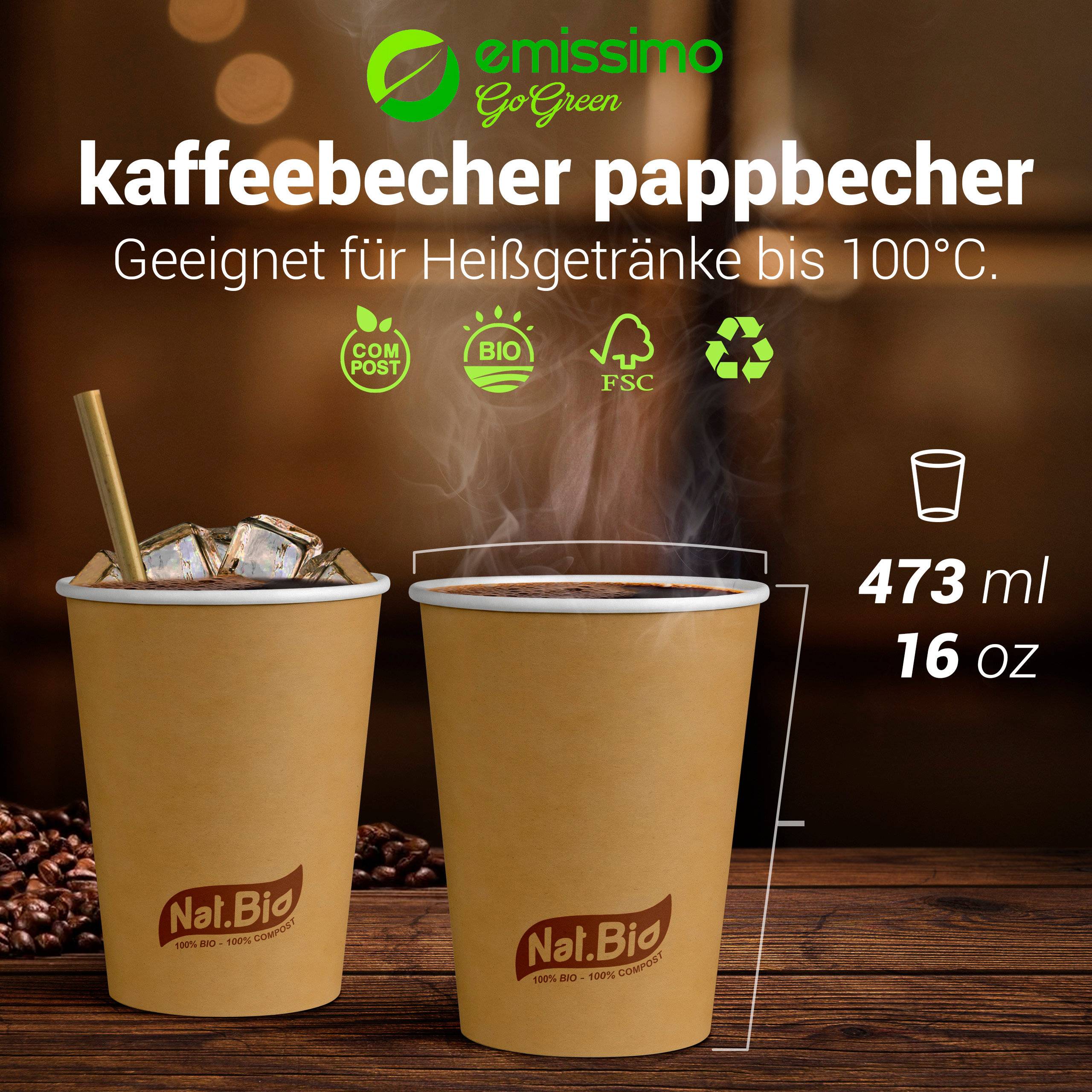 Pappbecher braun für heiße und kalte Getränke - kompostierbar - 473ml (16 oz) - 50 Stück