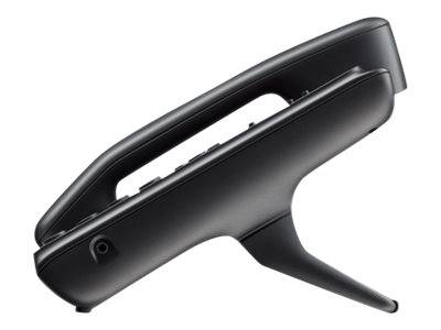 Schwarzer ergonomischer Telefonhörer auf weißem Hintergrund, in Seitenansicht gezeigt mit gekrümmtem Griff und sichtbarem Mundstückende.