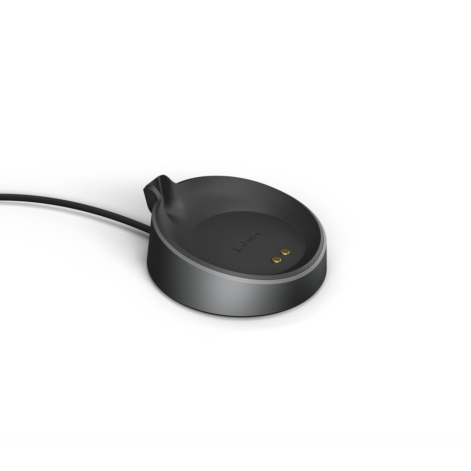 Rundes schwarzes Ladegerät mit angebrachtem Kabel und zwei goldfarbenen Kontaktstiften, gezeigt auf einem einfachen dunklen Hintergrund.