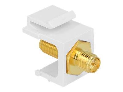 Clip für weiße Koaxialkabelverbinder mit vergoldetem Gewinde-Stecker und Mittenkontaktöffnung auf weißem Hintergrund.