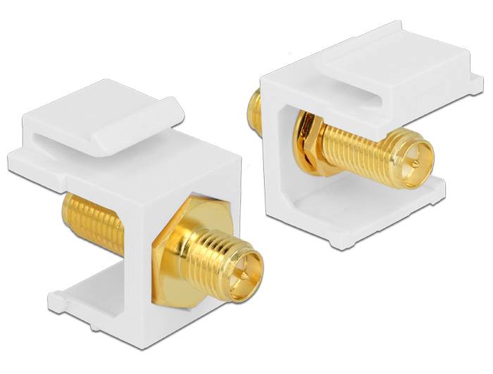 Zwei weiße Kunststoffkabelklemmen mit goldfarbenen Gewindebolzen zum Befestigen von Drähten oder Paneelen.